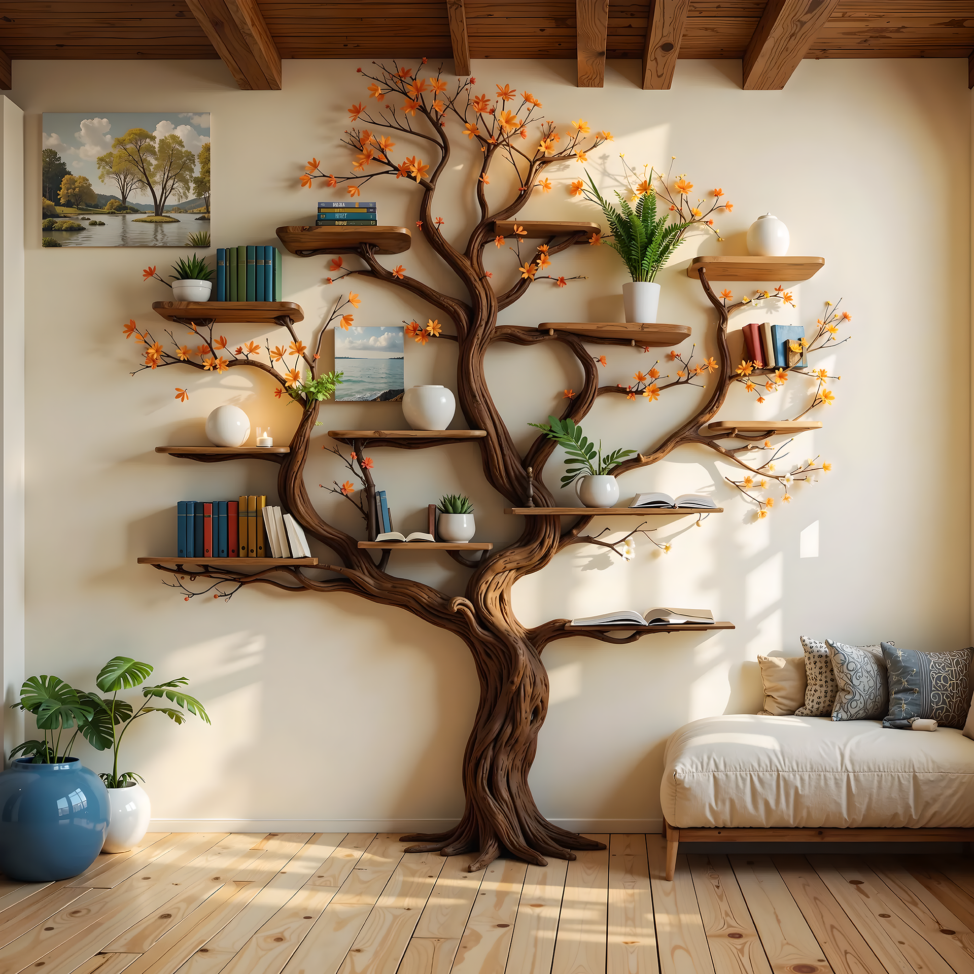 Tree-Shaped Wall Bookshelf – Handcrafted Wooden Art Shelf for Books, Plants & Decor