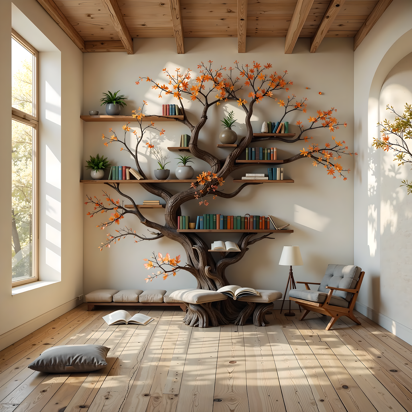 Large Tree Bookshelf with Reading Bench – Wall-Mounted Wooden Bookcase for Cozy Living Spaces