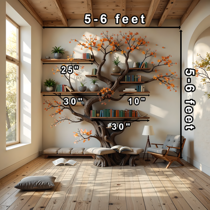 Large Tree Bookshelf with Reading Bench – Wall-Mounted Wooden Bookcase for Cozy Living Spaces