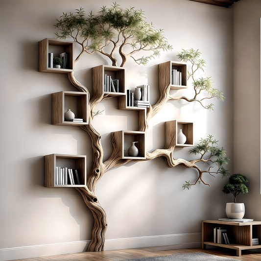 Minimalist Tree Bookshelf – Handcrafted Wooden Wall Shelf