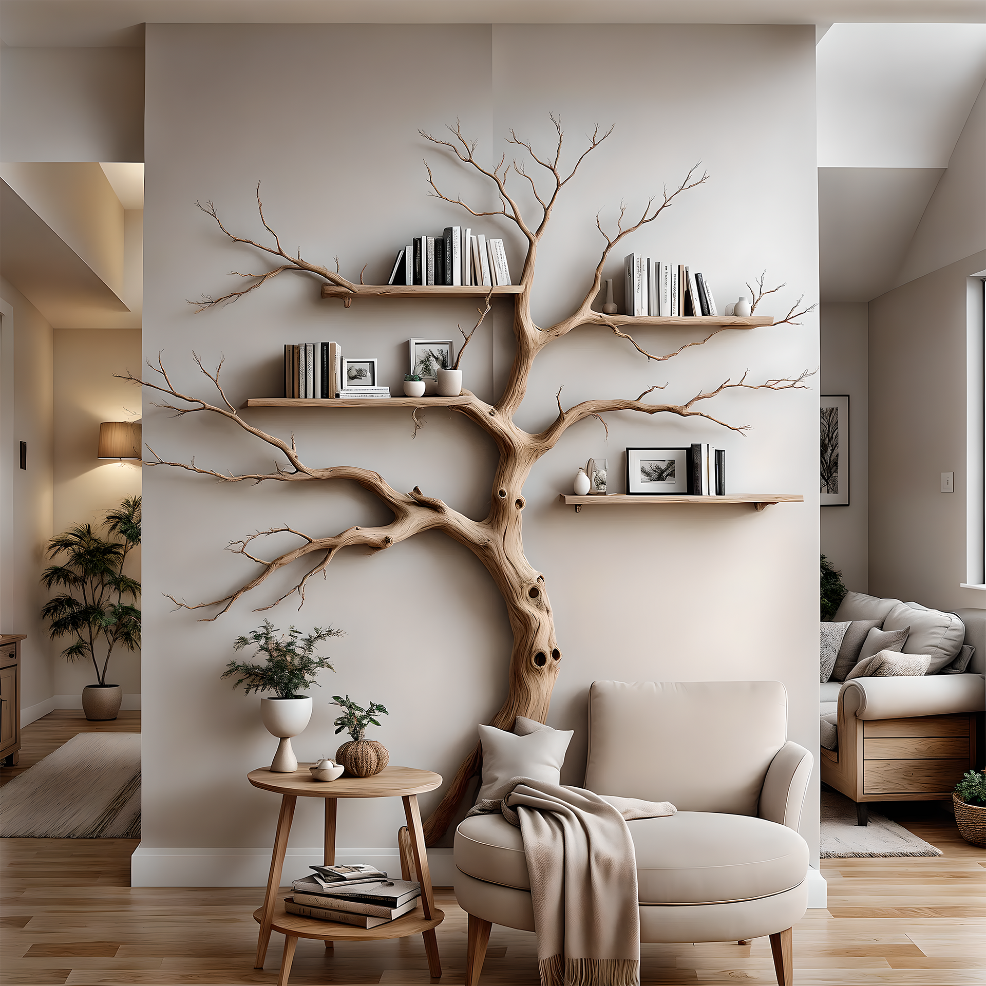 Sunlit Tree Bookshelf – Handcrafted Wooden Wall Shelf