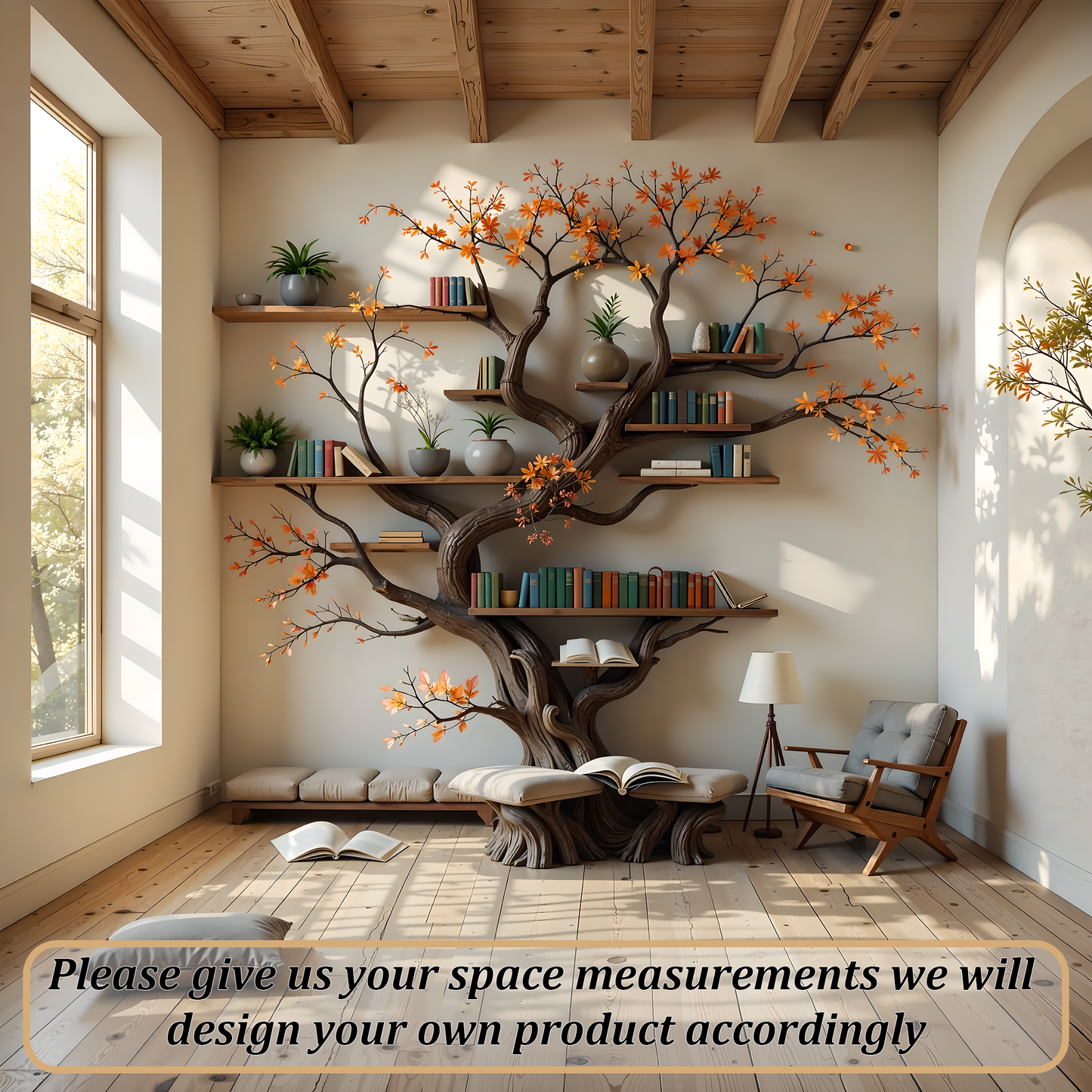 Large Tree Bookshelf with Reading Bench – Wall-Mounted Wooden Bookcase for Cozy Living Spaces