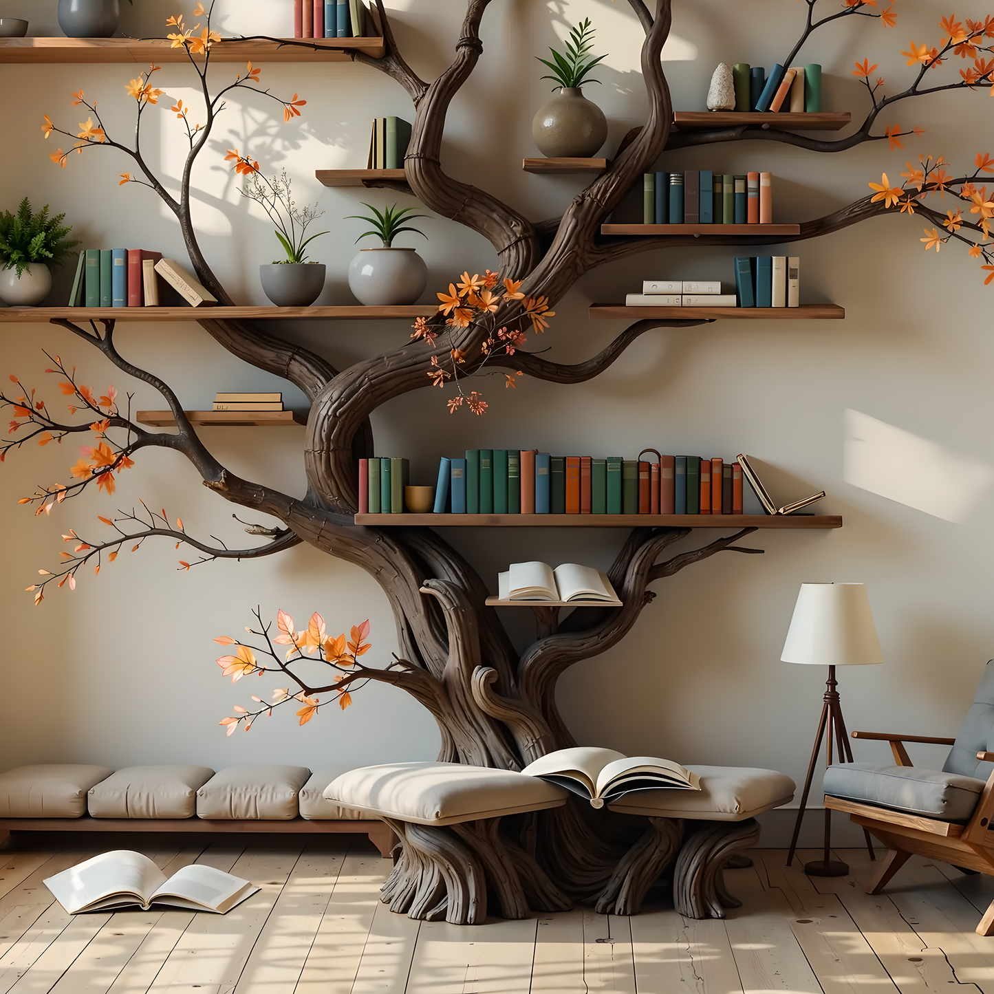 Large Tree Bookshelf with Reading Bench – Wall-Mounted Wooden Bookcase for Cozy Living Spaces