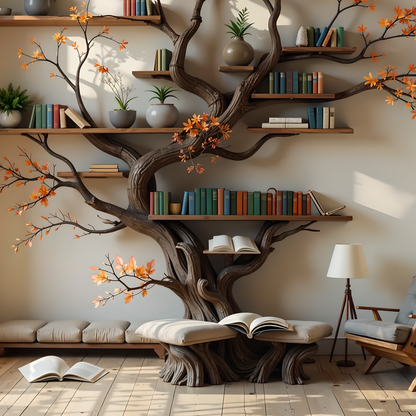 Large Tree Bookshelf with Reading Bench – Wall-Mounted Wooden Bookcase for Cozy Living Spaces