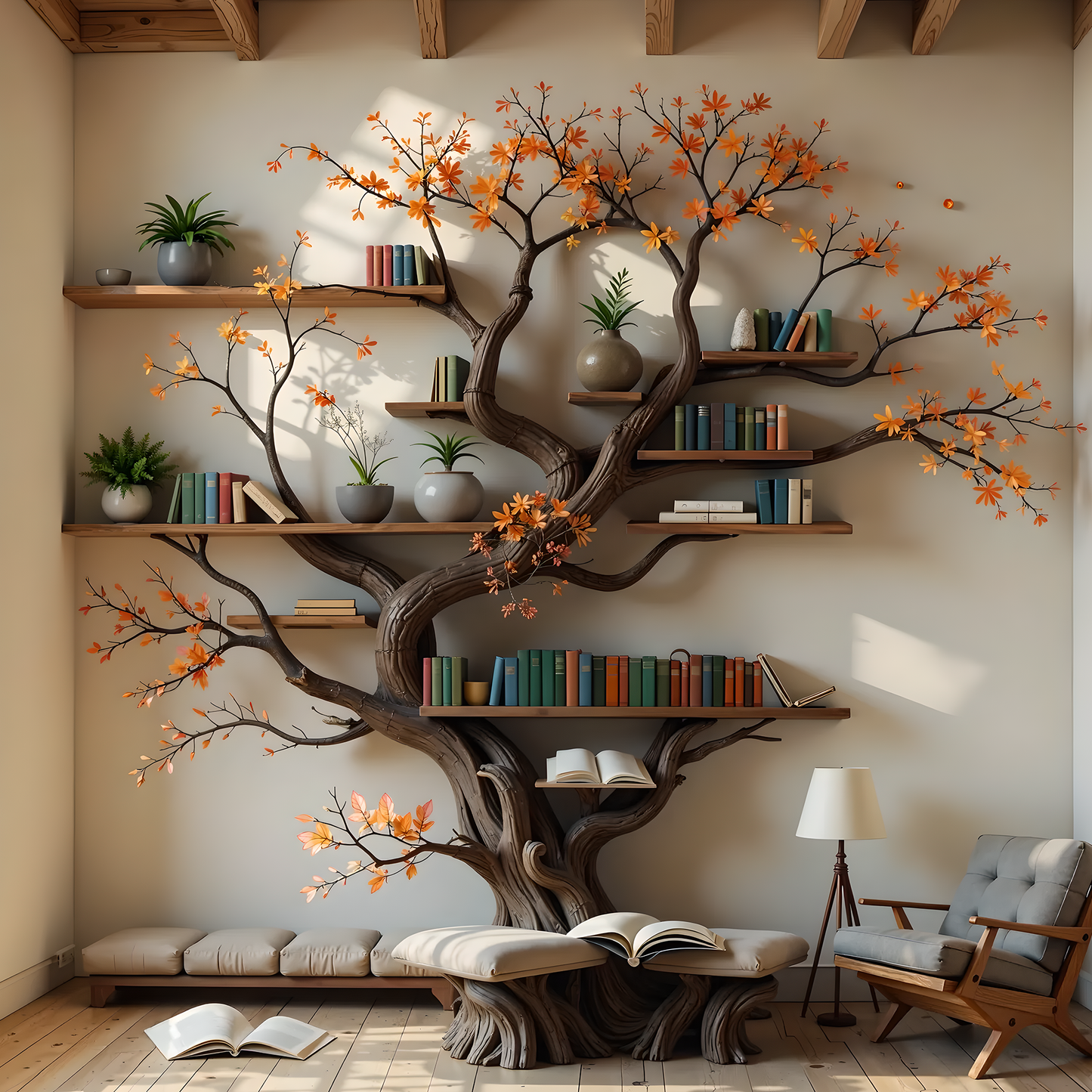 Large Tree Bookshelf with Reading Bench – Wall-Mounted Wooden Bookcase for Cozy Living Spaces