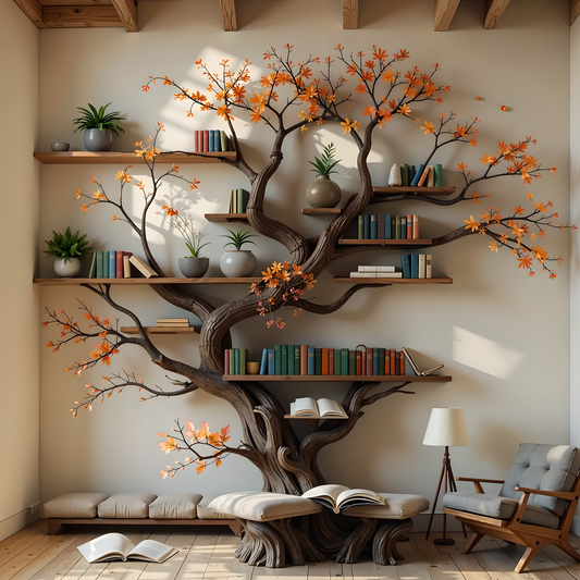 Large Tree Bookshelf with Reading Bench – Wall-Mounted Wooden Bookcase for Cozy Living Spaces